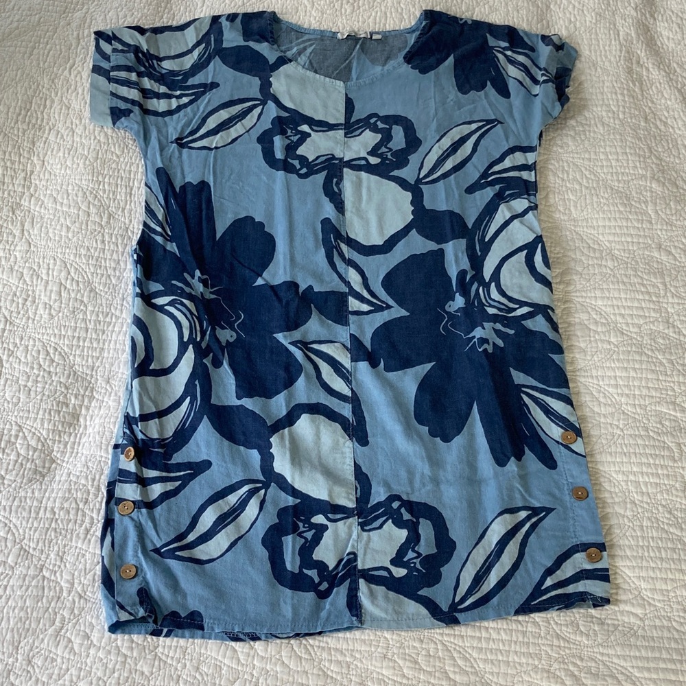 Blue Linen-blend Floral Midi Dress with Button Accents, Medium